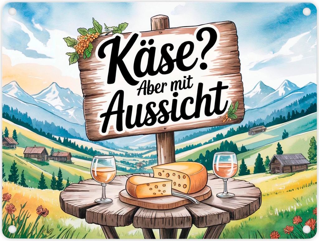 Käse mit Aussicht Berglandschaft Metallschild in 15x20 cm mit Käse und Wein