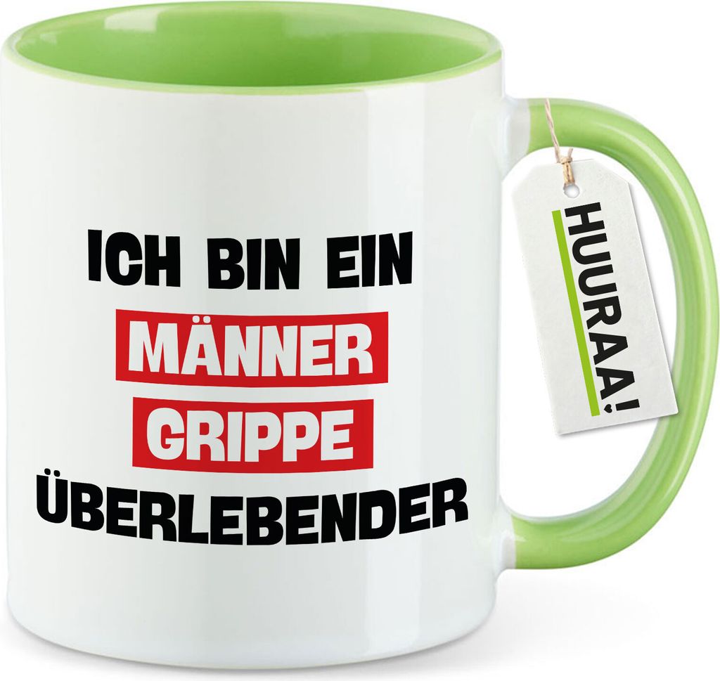 Huuraa Kaffeetasse Ich bin ein Männergrippe überlebender 330ml Grün Keramik Kaffeebecher Geschenkidee