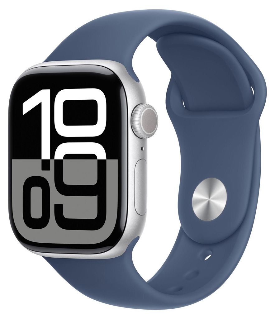A close-up studio shot of an Apple Watch with a blue band.