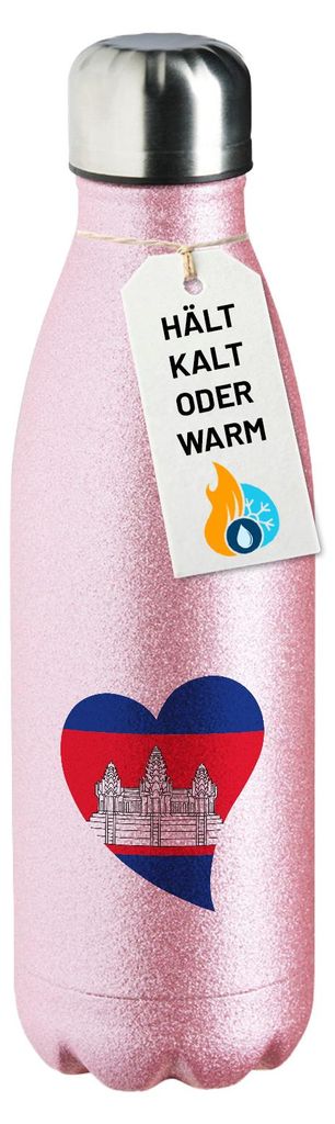 Huuraa Trinkflasche Kambodscha Flagge Herz 500ml Pink Edelstahl Wasserflasche Trinkflasche Geschenkidee