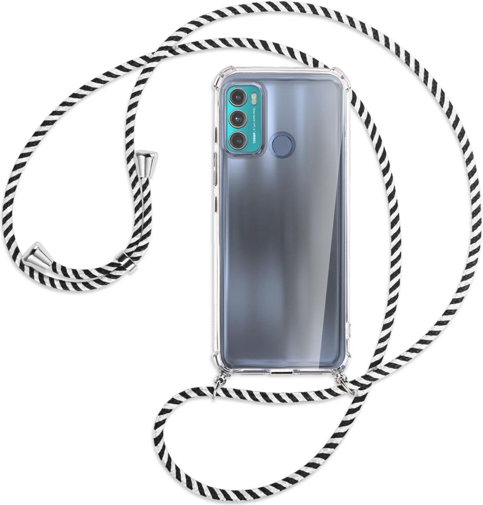 Handykette Backcover-Schutzhülle mit Band (Metall silberfarben) für Motorola Moto G40 Fusion, Moto G60 - schwarz/weiß gestreift