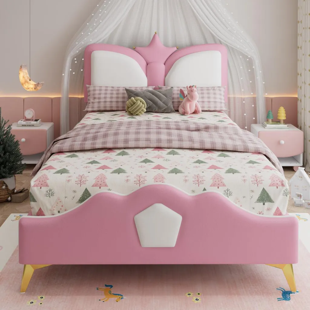 Lit princesse 90x200 tête de lit couronnée en cuir synthétique rose