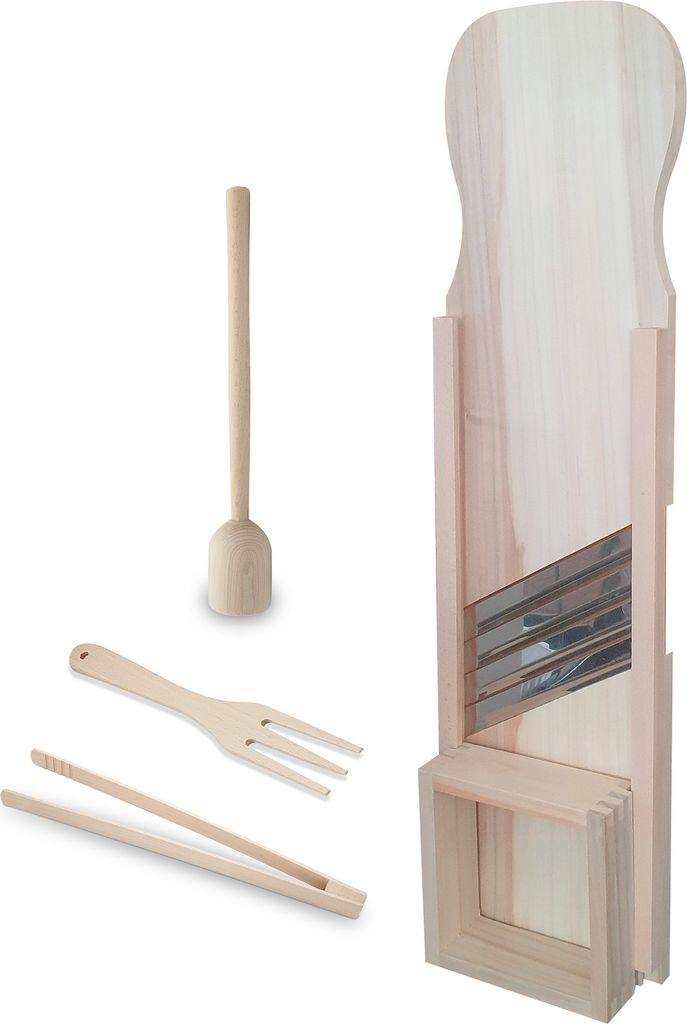KERAZO Holz Set 4-teilig Gemüsehobel Krauthobel 90 cm, Stampfer, Zange, Gabel, Buche
