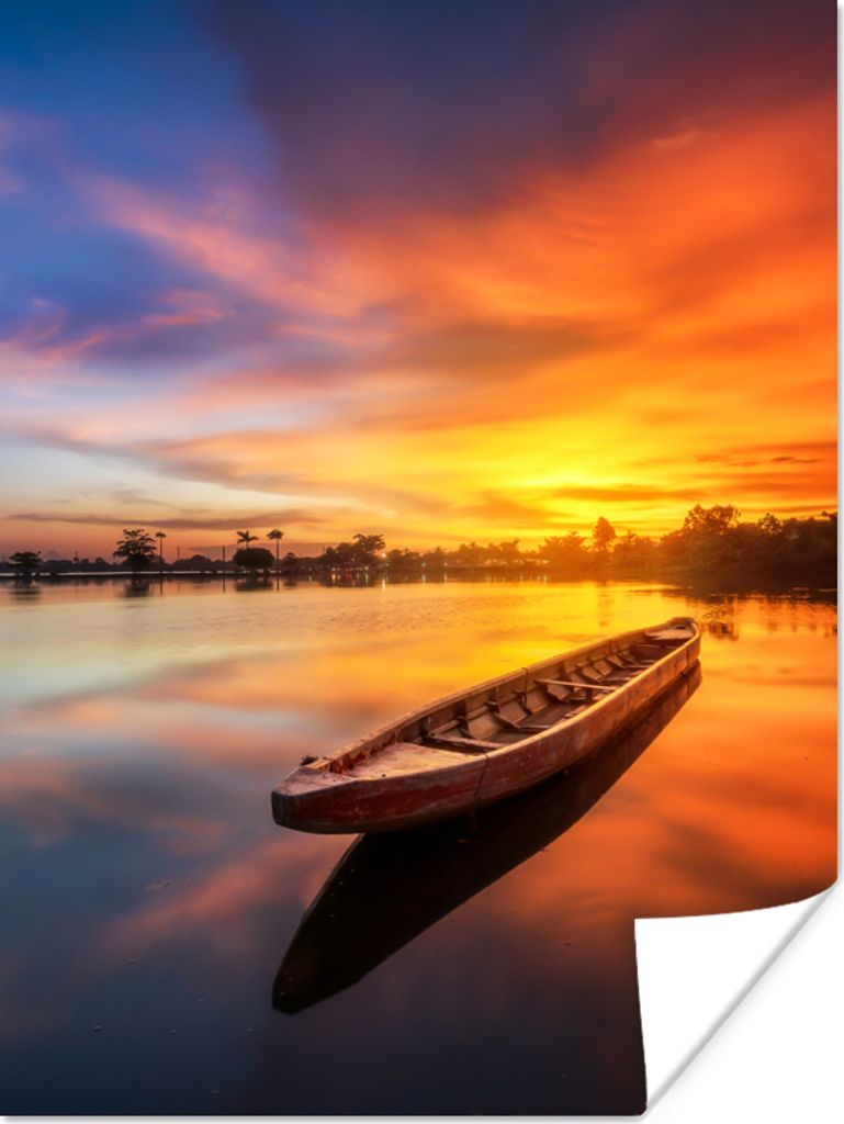 MuchoWow Poster Boot - Wasser - Sonnenuntergang - Orange - Wasser 90x120 cm - Wohnzimmer