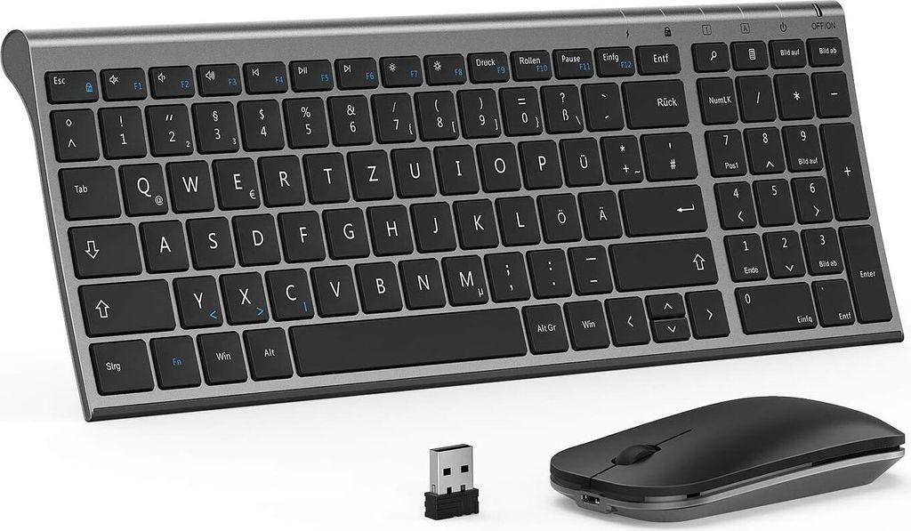 Tastatur Maus Set Kabellos, beide Wiederaufladbar, Ultra-Dünne 2.4G USB Funktastatur mit Funkmaus, Aluminium Slim , QWERTZ DE Layout für Win PC/L...