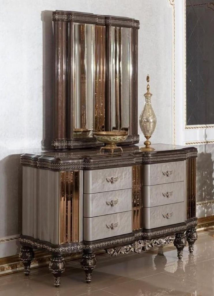Casa Padrino Luxus Barock Kommode mit Spiegel Grau / Dunkelbraun / Gold - Barockstil Schlafzimmer Kommode mit Spiegel - Luxus Schlafzimmer Möbel i...