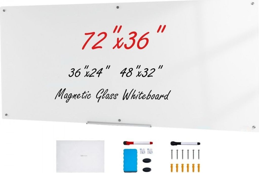 Magnetisches Glas-Whiteboard - Wandtafel 1829x915cm - Weißes Glasboard - Wandmontiert - Rahmenlos - Stiftablage, Radiergummi - 2 Stiften - Magnett...