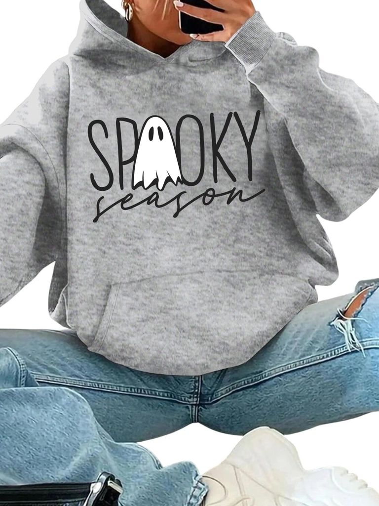 Hoodie Halloween Kostüm Damen, Gruselig Kapuzenpullover, Pullover Sweatshirt Horror Kostüm, Halloween Pullover Damen Langarmshirt, grau, S