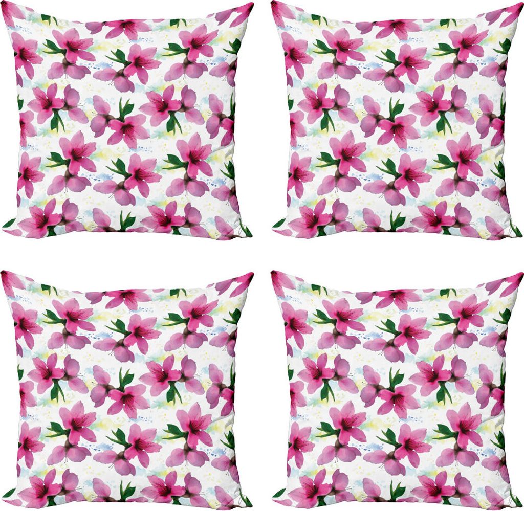 ABAKUHAUS Blumen Kissenbezug Set (4 Stück), Blütenblätter Botanik Essence, Moderner Doppelseitiger Digitaldruck, 40 cm x 40 cm, Fuchsia Gelb