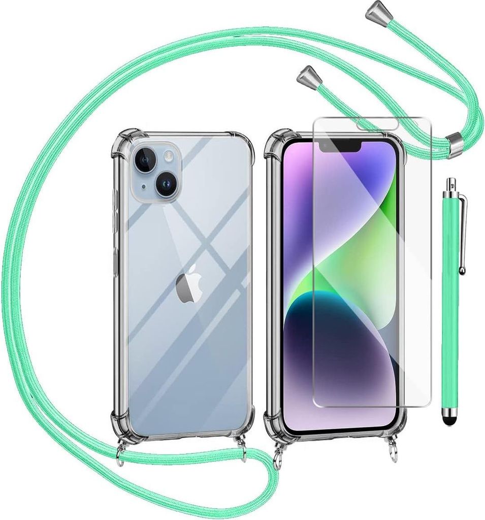 APPLE IPHONE 14 Plus HÜLLE AUS GEHÄRTETEM GLAS MIT LANYARD-STYLUS GRÜN
