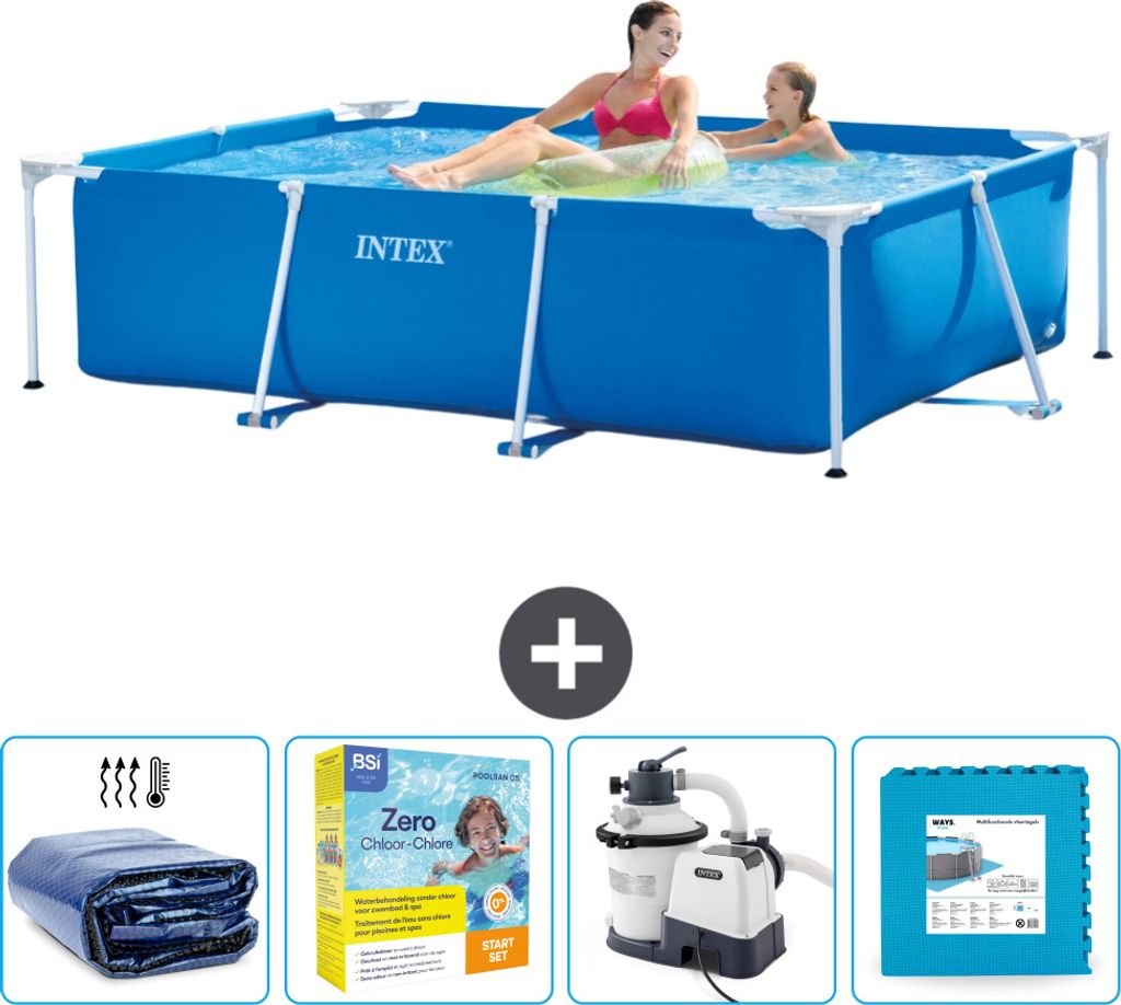 Intex-Schwimmbecken mit rechteckigem Rahmen – 220 x 150 x 60 cm – Blau – im Lieferumfang enthalten Sonnensegel - Wartungspaket - Filterpumpe ...