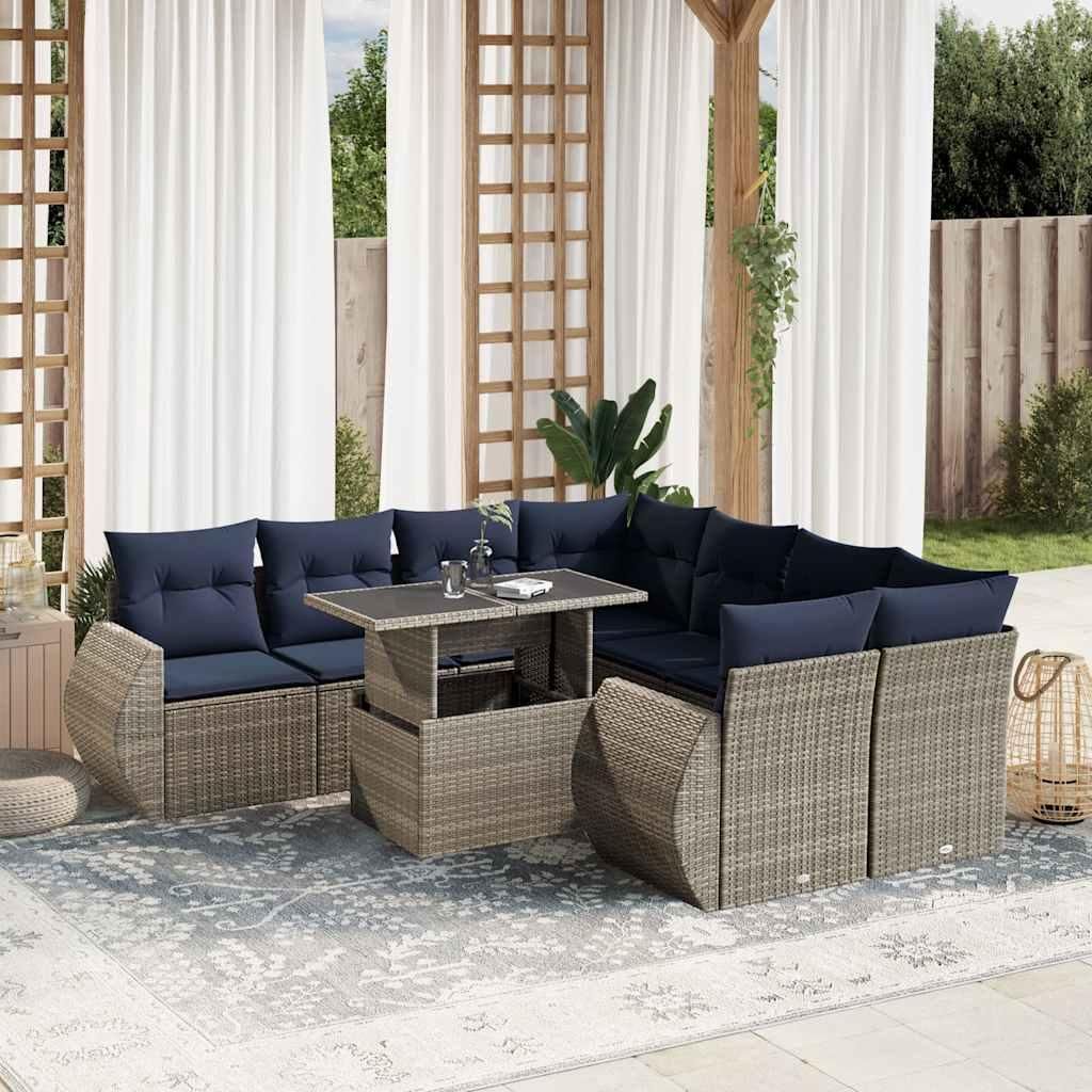 Maison Exclusive - 9-teiliges Gartensofa-Set mit Kissen, grau, Polyrattan