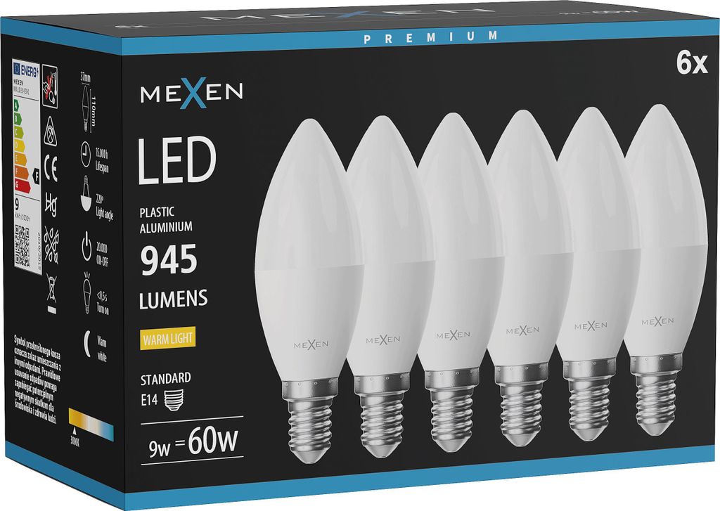 Mexen Nova 6x LED-Glühbirne E14, C37, 9W, Warm - 3000K, 945 lm - L102-E14-0930-01x06