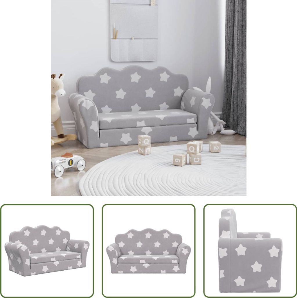The Living Store Kinder-Schlafsofa 2-Sitzer Hellgrau mit Sternen Weicher Plüsch