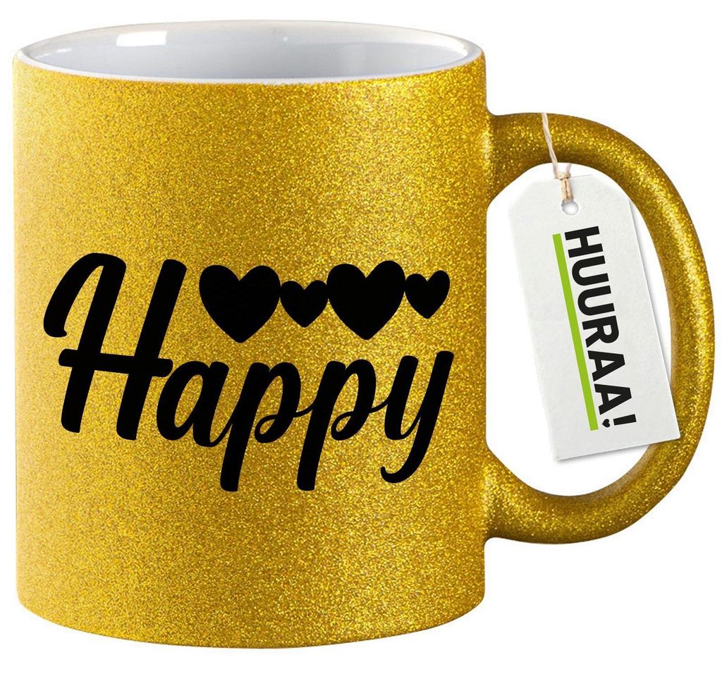 Huuraa Glitzertasse Happy Herzen 330ml Gold Keramik Kaffeebecher Geschenkidee
