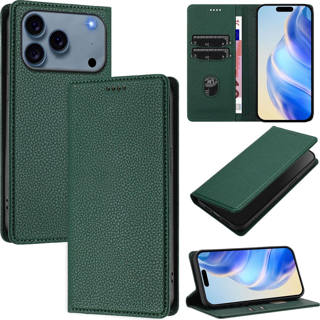 Litchi Leder Handyhülle für iPhone 17 Pro Max Wallet Kartenfächer Standfunktion Hülle Grün