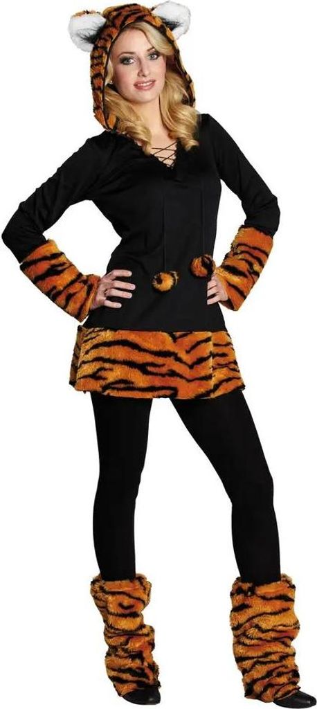 A woman is modeling a tiger-themed costume.