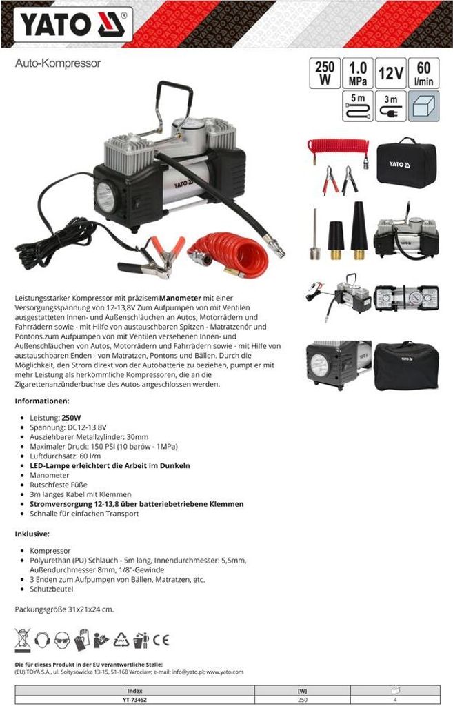 YATO Mini Luftkompressor inkl. LED 12V 250W Produktbild 8