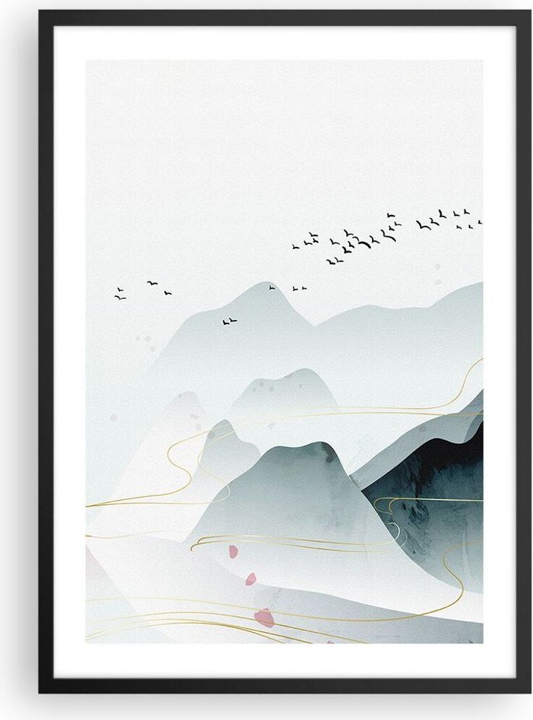 Gerahmtes Poster - Schwarzer Rahmen - Berge Vögel Modern - 50x70 cm - Wand Bild - Wanddeko - Wandbilder - Kunstposter - Wandposter - Bilderrahmen ...