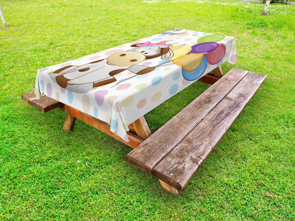 ABAKUHAUS Tovaglia per compleanni all'aperto, vitellino e palloncini colorati su sfondo a pois astratto, multicolore, 145x305 cm