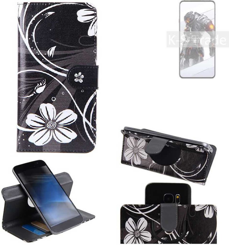 K-S-Trade Schutzhülle Handyhülle kompatibel mit nubia Red Magic 7S Pro Hülle 360° Wallet Case ''Flowers'' Klapphülle Hülle schwarz-weiß 1x