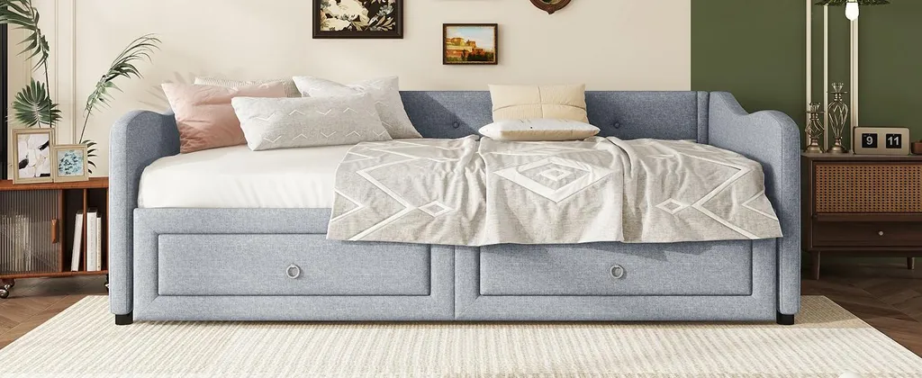 Lit Gigogne 90x200cm Tissu Gris 2 Tiroirs pour Gain de Place Malin