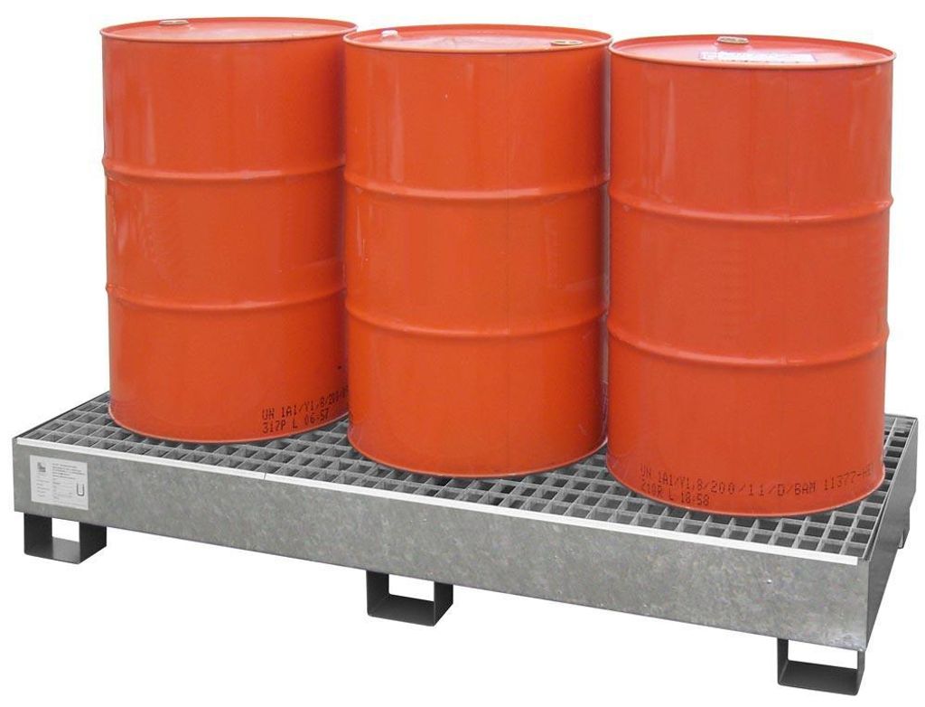 Auffangwanne aus 3 mm Stahlblech, feuerverzinkt, für 3 Stück 200-l-Fässer, stehende Lagerung, Wannenvolumen Auffangvol. 210 l, BxTxH 1850x820x27...