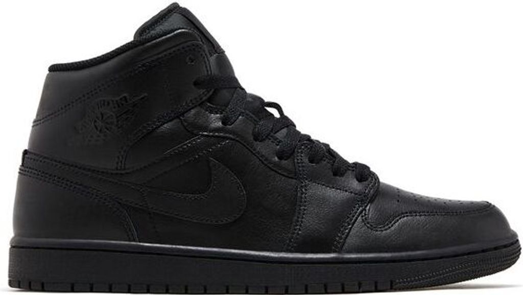 A studio shot of a black Nike Air Jordan 1 Mid sneaker.
