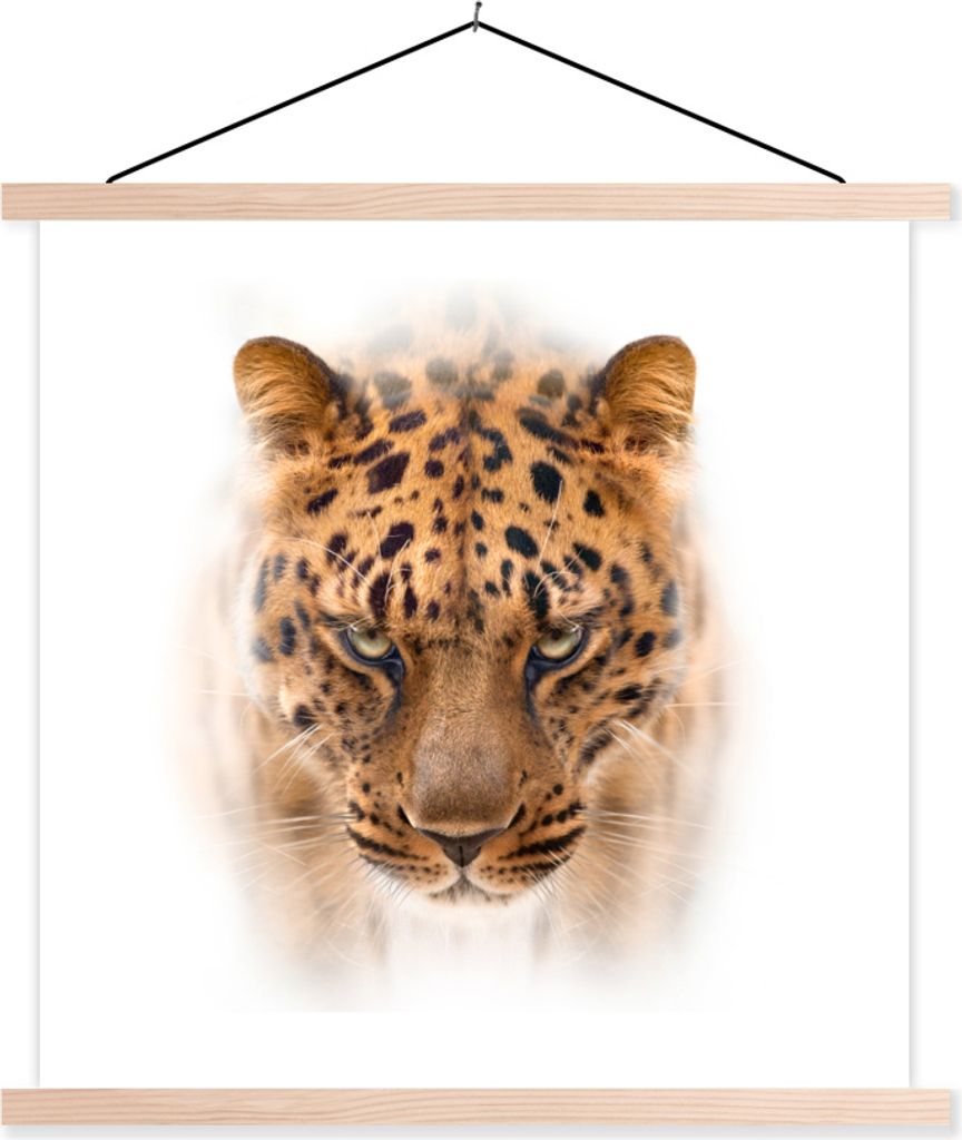 MuchoWow Textilposter Panther - Porträt - Weiß 120x120 cm mit holzfarbenen Rahmen - Textil-Poster