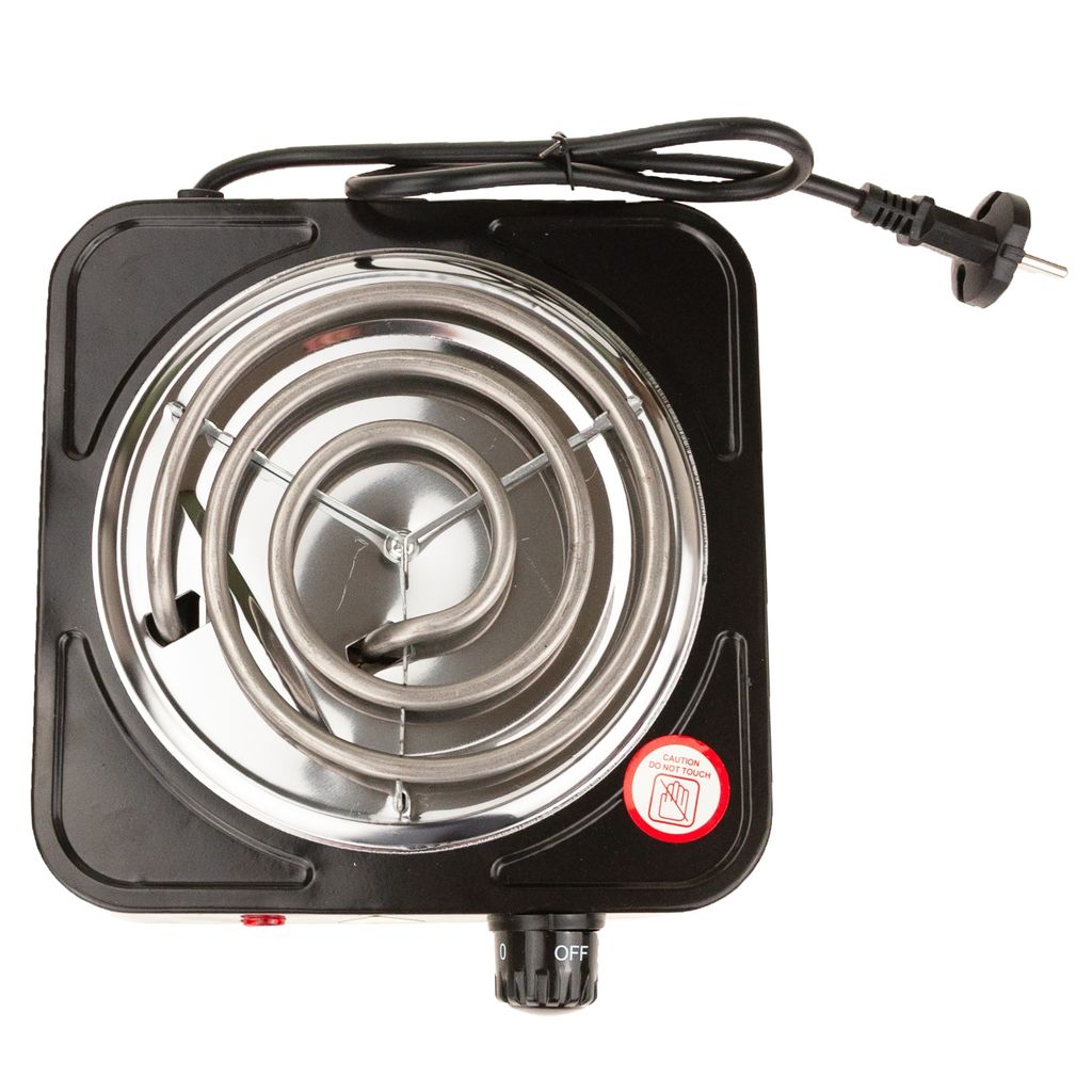 A top-down view of a black electric coil stove against a white background.