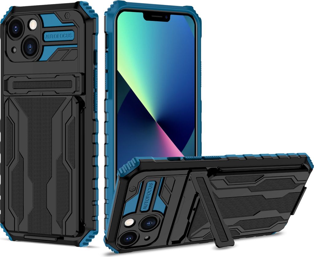 iPhone 13 Hülle, Hybrid Robust Schutz Stoßfest Schutzhülle mit Kartenhalter Ständer für iPhone 13 Blau