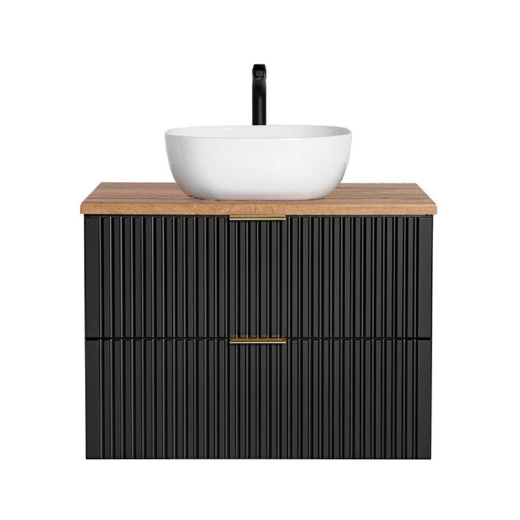 Badmöbel-Set Aufsatzwaschbecken & Unterschrank 80 cm Mit Arbeitsplatte 80 cm , Adel Black A BM138 - Schwarz Matt/Wotan Eiche