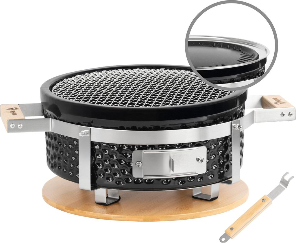 BBQ-Toro Keramik Tischgrill Rund, Ø 29,5 cm, Japanischer Grill mit Holzunterlage, Hibachi Grill