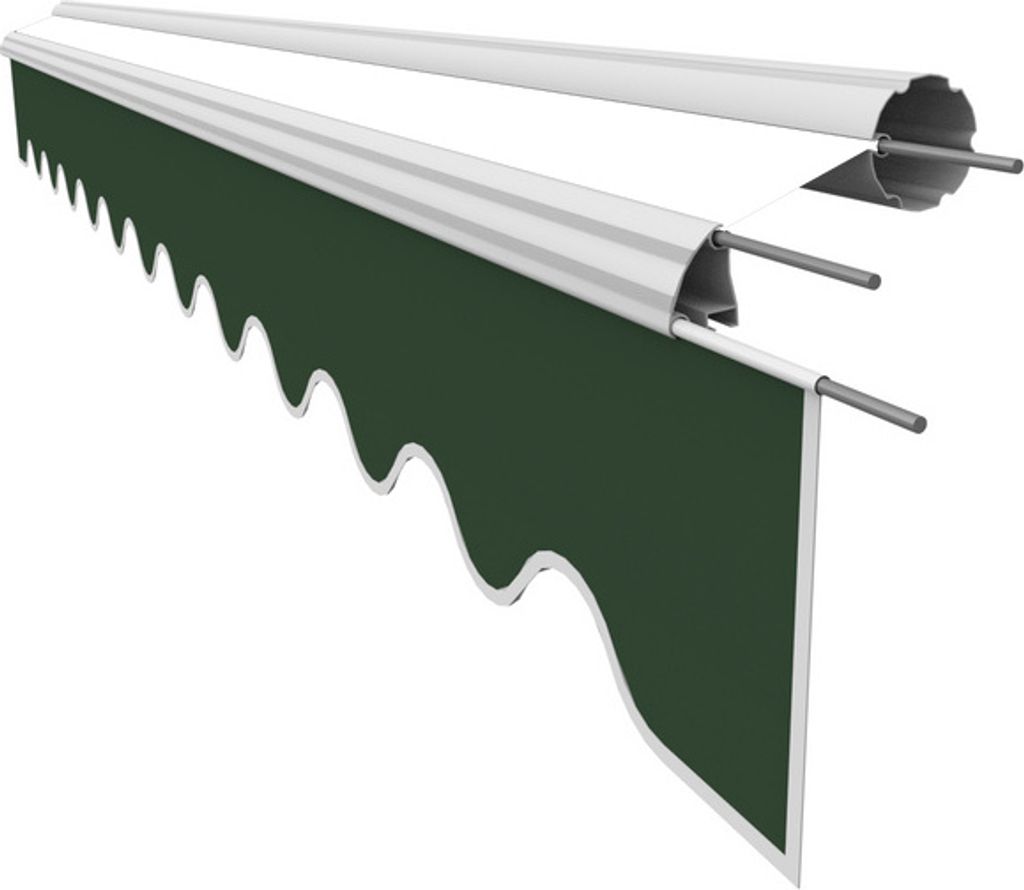 A close-up, angled view of a green awning with a scalloped edge and white trim, against a white background.