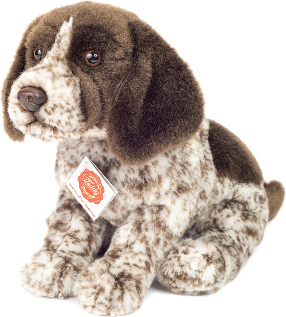 A plush toy dog sitting on a white background.