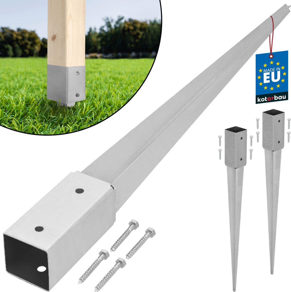 A product shot of metal ground post anchors and a wooden post with a metal sleeve, set against a grassy background.