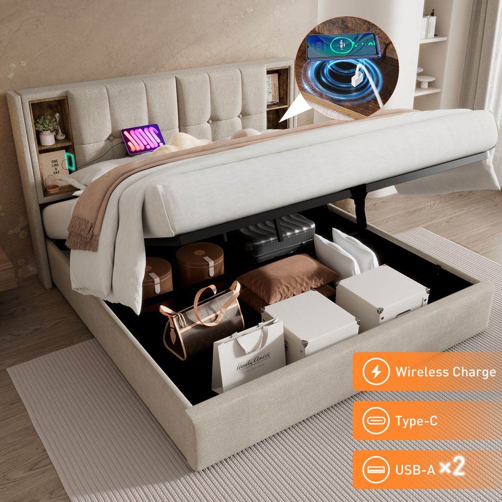 A bed with its storage compartment open, showing various items stored inside, and a close-up inset of a phone charging wirelessly.