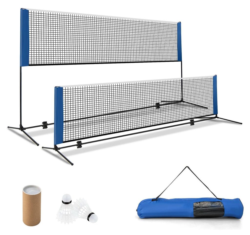 Badmintonnetz - Mit Ständer - Höhenverstellbar - 2 Federbälle inkl. - Tragbar mit Tragetasche - Für draußen - Blau