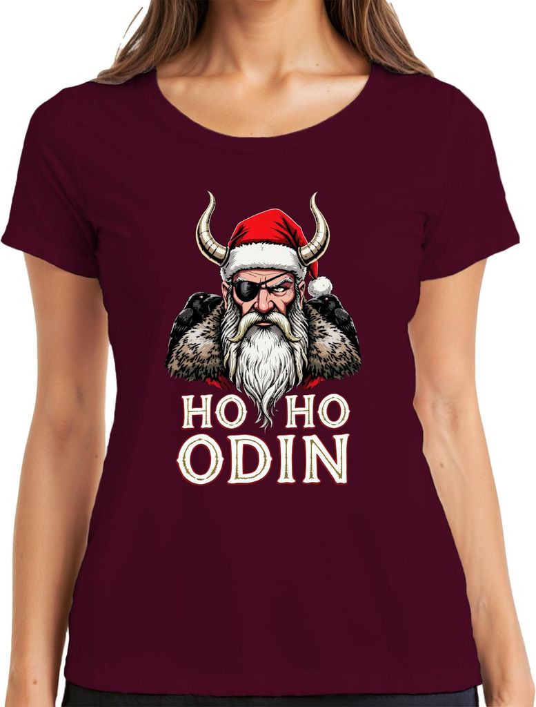 Ho Ho Odin Wikinger mit Hörnern Raben Augenklappe Geschenk Damen T-Shirt, Burgundy, XXL