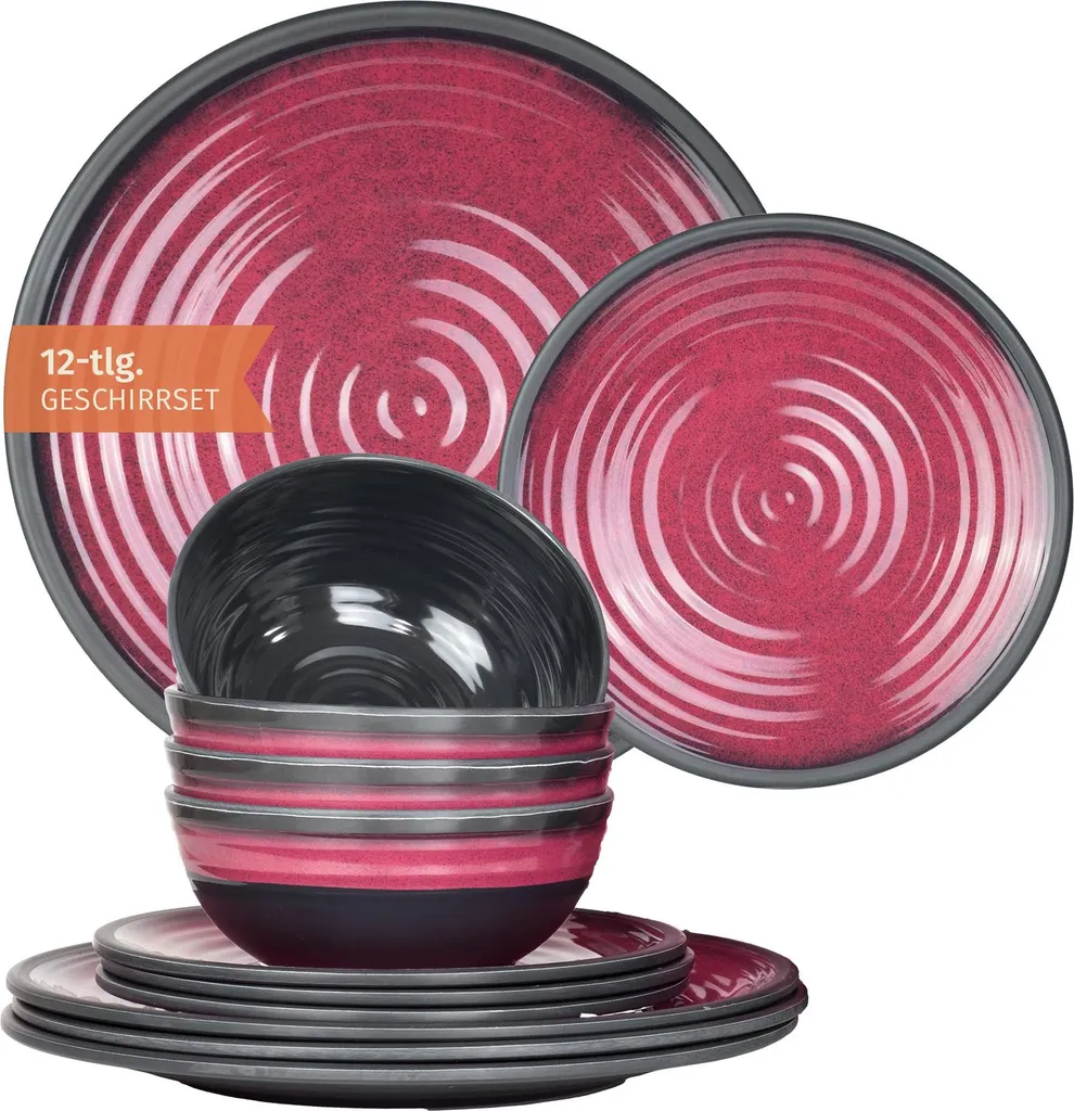 Set Stoviglie Campeggio Melamina 12 Pezzi Moritz Stone Red per 4 Persone
