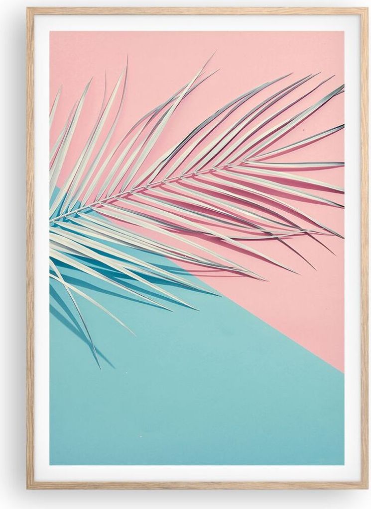 Gerahmtes Poster - Rahmen in heller Eiche - Blatt Rosa Türkis - 70x100 cm - Wand Bild - Wanddeko - Wandbilder - Kunstposter - Wandposter - Bilderr...