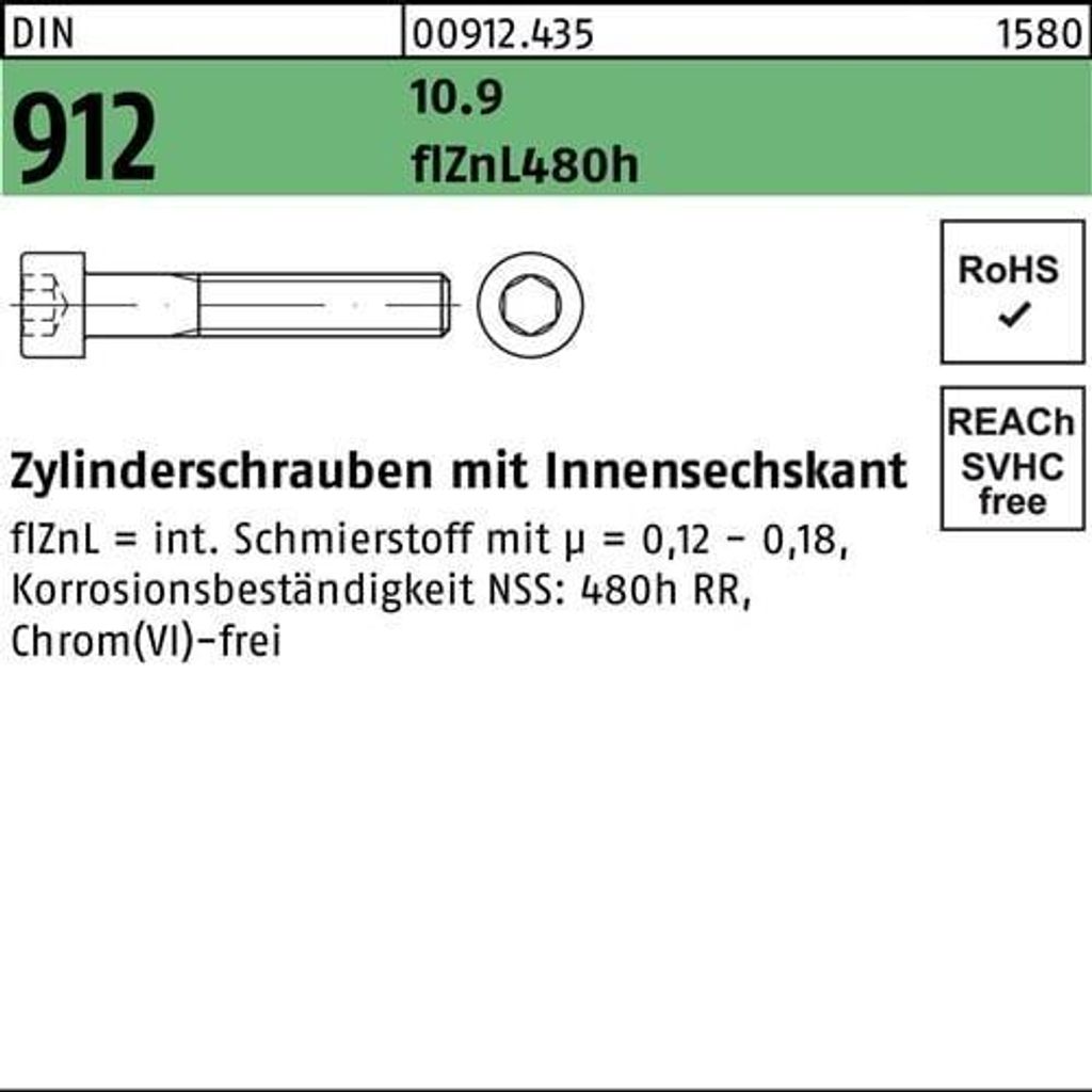 Reyher Zylinderschrauben DIN 912 10.9 M12x70 flZnL/nc/x/x/480h/C flZn (50)