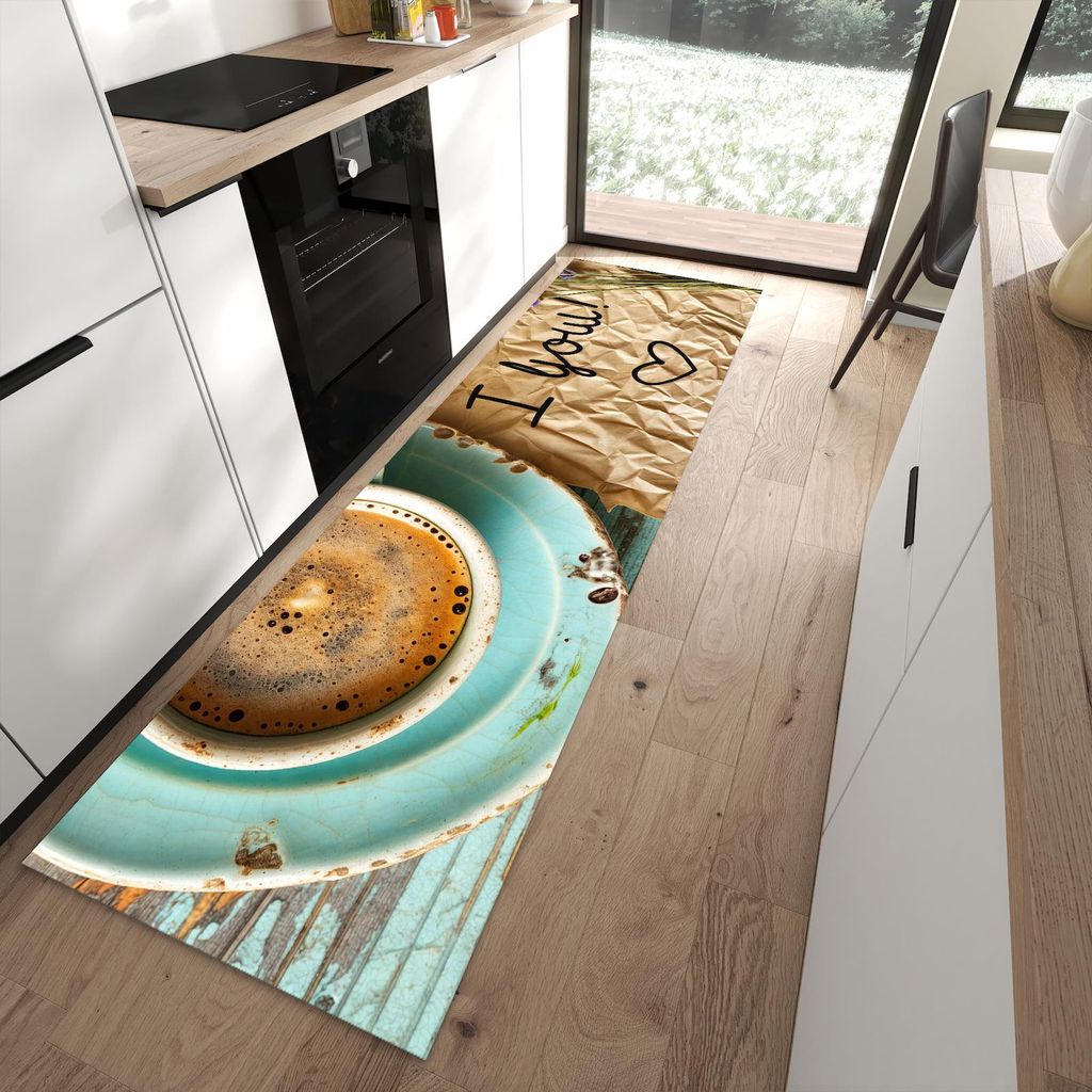 Küchenteppich 80x280cm rutschfest & abwischbar PVC Läufer - Tasse und Lavendel