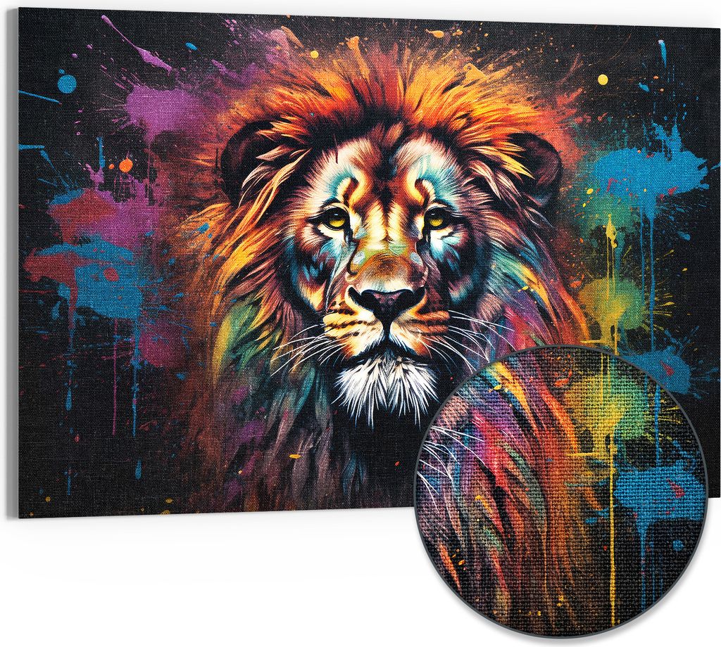 DEQORI Hybrid Leinwand Bild 90x60 cm 'Löwenkraft in Farben' Wandbild Glas flach modern