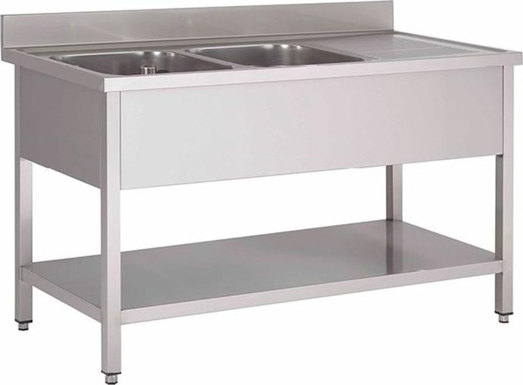 Spültisch aus Edelstahl AISI 304 mit L 2 Becken und Grundboden, 1400(L)x700(T)x880(H)mm