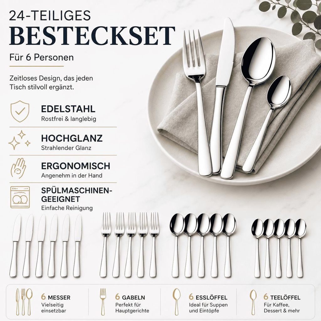 Besteckset 24 Teilig Besteck für 6 Personen Edelstahl Produktbild 