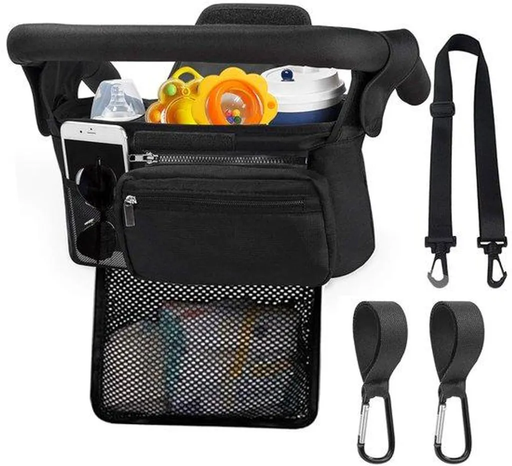 Organiseur pour poussette noir avec porte-gobelet universel XL