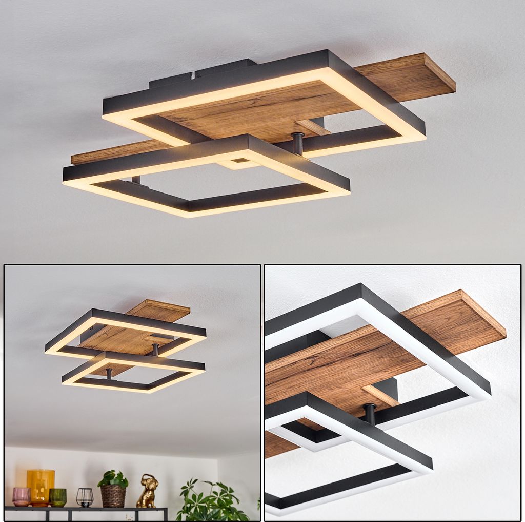Ovada Deckenlampe aus Metall/MDF/Kunststoff in Schwarz/Holzoptik/Weiß