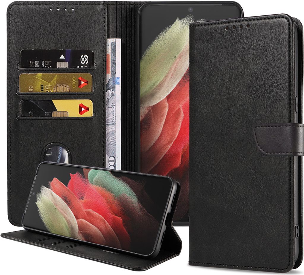 Passend für Samsung Galaxy S21 Ultra Handytasche Kunstleder mit magnetischer Lippe und Kartenhalter Buchhülle mit Klappe - Schwarz - Smartphonics