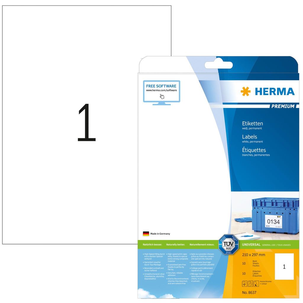 Etiketten Premium A4, weiß 210x297 mm Papier matt 10 St.